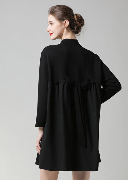 Modern Black High Neck Ruffled Patchwork Bow Cotton Robe Dresses Spring LY0276 - fabuloryshop