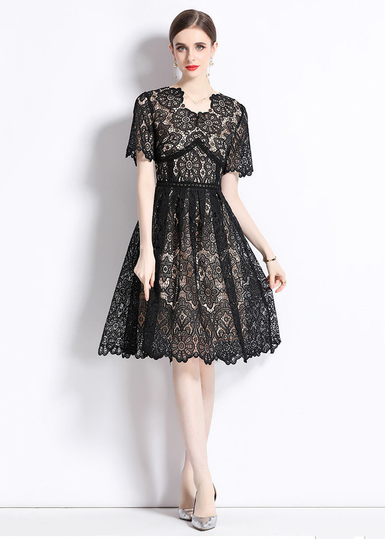 Modern Black Hollow Out Wrinkled Patchwork Lace Mid Dress Summer LY7420 - fabuloryshop