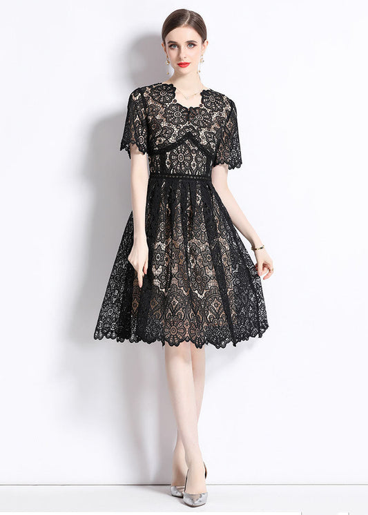 Modern Black Hollow Out Wrinkled Patchwork Lace Mid Dress Summer LY7420 - fabuloryshop