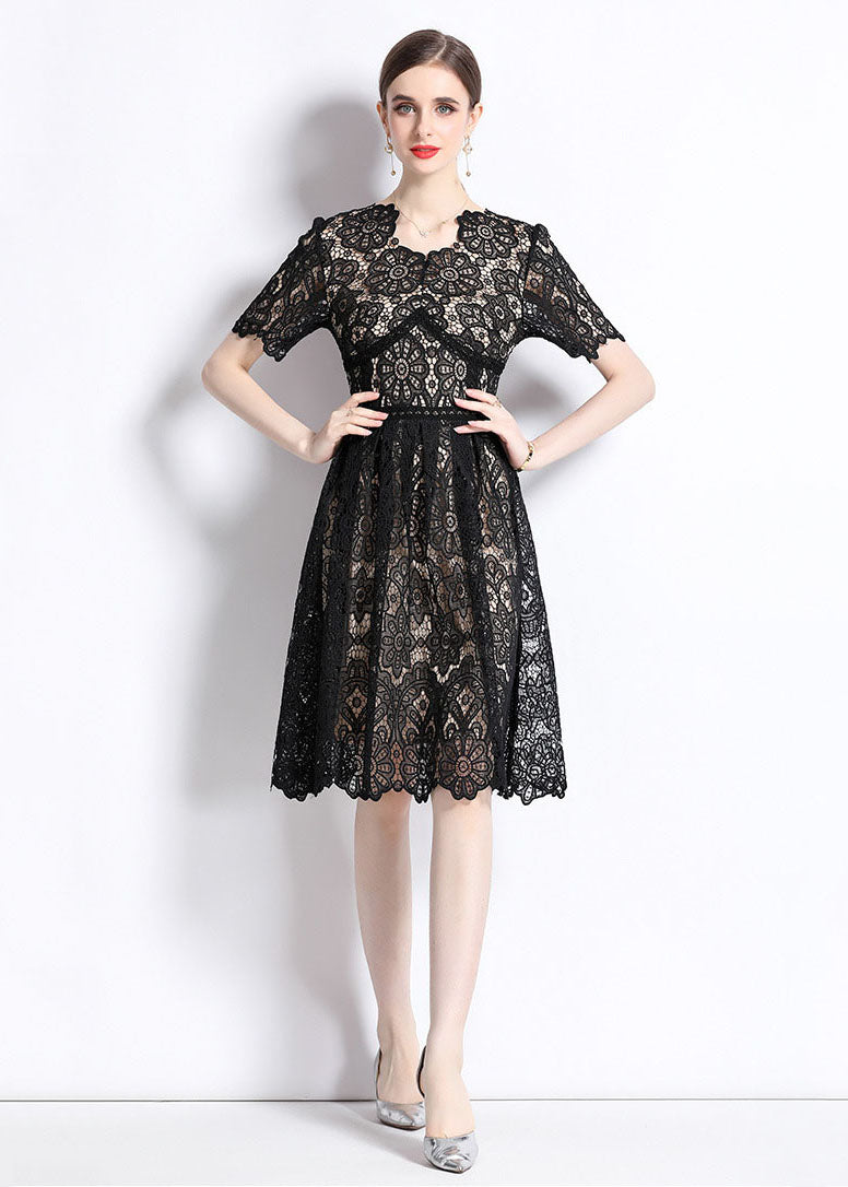 Modern Black Hollow Out Wrinkled Patchwork Lace Mid Dress Summer LY7420 - fabuloryshop