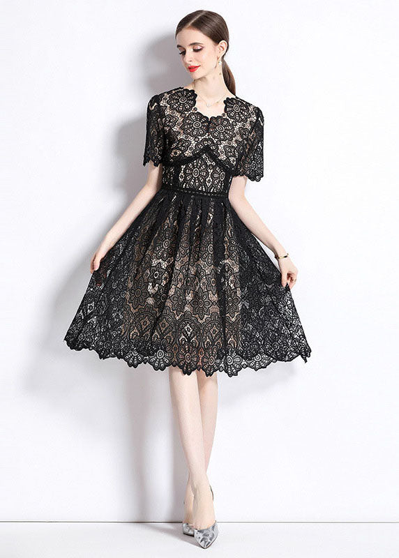Modern Black Hollow Out Wrinkled Patchwork Lace Mid Dress Summer LY7420 - fabuloryshop