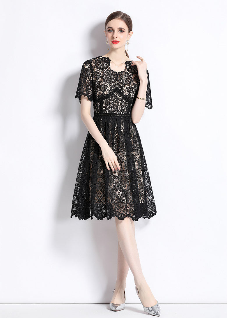Modern Black Hollow Out Wrinkled Patchwork Lace Mid Dress Summer LY7420 - fabuloryshop