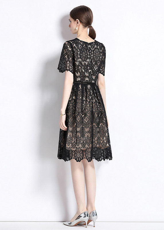 Modern Black Hollow Out Wrinkled Patchwork Lace Mid Dress Summer LY7420 - fabuloryshop