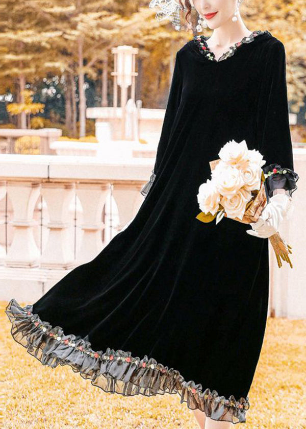 Modern Black Hooded Patchwork Ruffles Silk Velour Long Dress Spring LY1068 - fabuloryshop