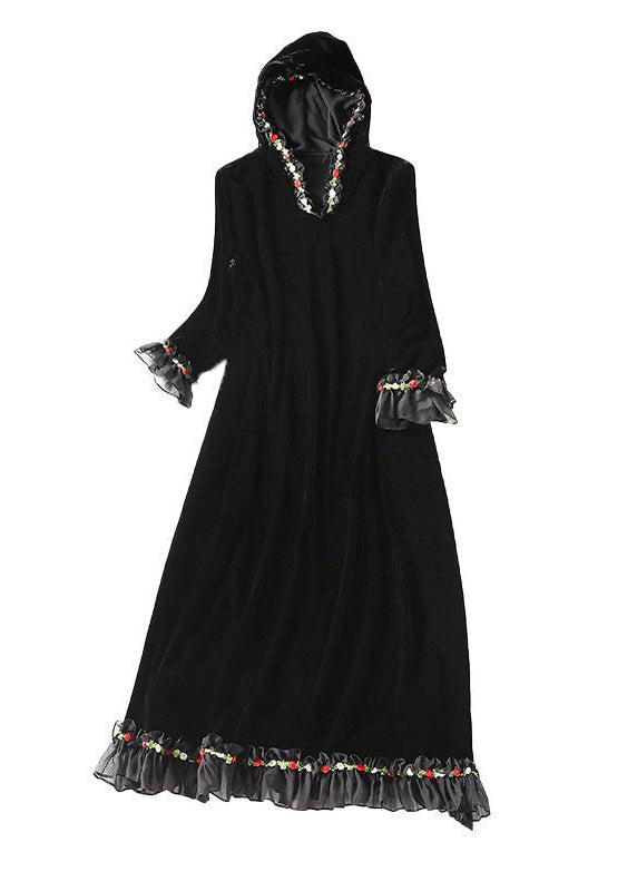 Modern Black Hooded Patchwork Ruffles Silk Velour Long Dress Spring LY1068 - fabuloryshop