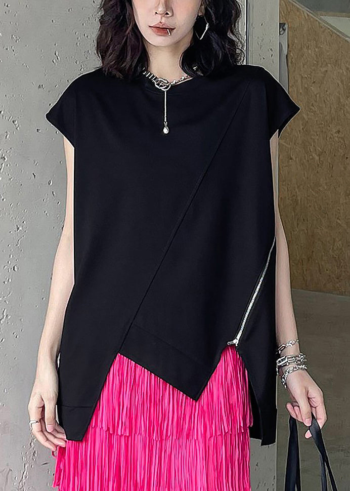 Modern Black O-Neck Asymmetrical Patchwork Cotton T Shirt Summer Ada Fashion