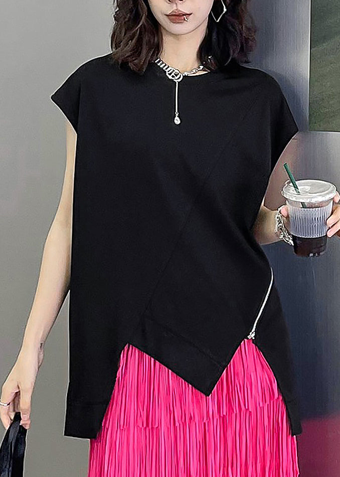 Modern Black O-Neck Asymmetrical Patchwork Cotton T Shirt Summer Ada Fashion