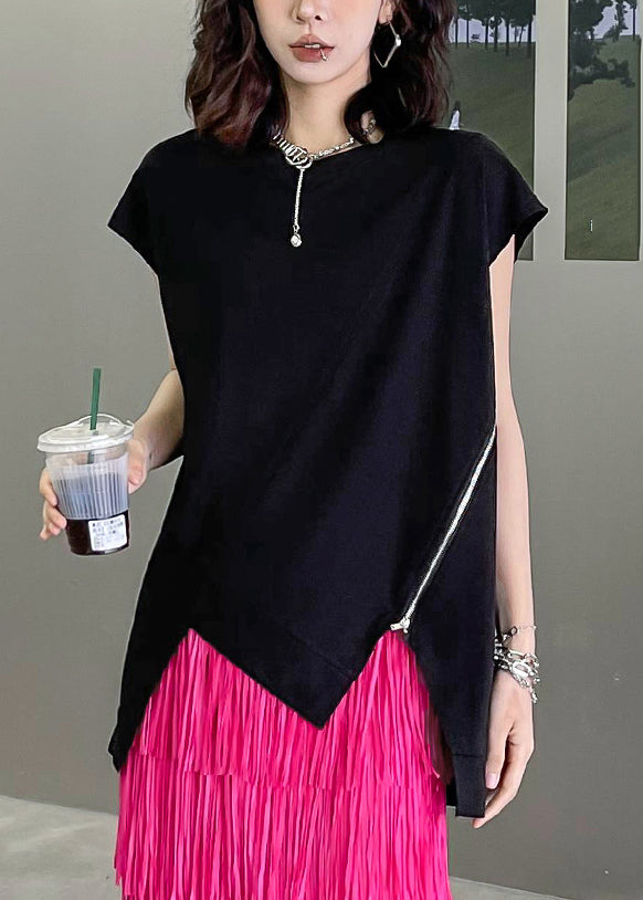 Modern Black O-Neck Asymmetrical Patchwork Cotton T Shirt Summer Ada Fashion