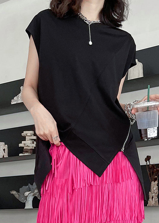 Modern Black O-Neck Asymmetrical Patchwork Cotton T Shirt Summer Ada Fashion