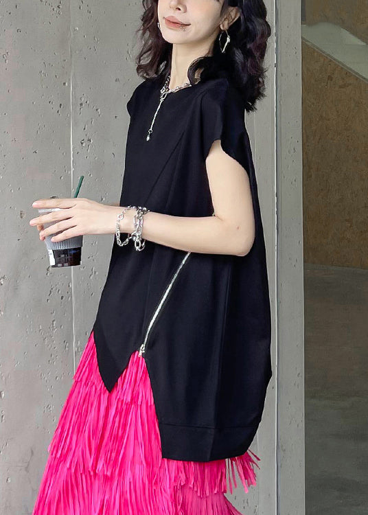 Modern Black O-Neck Asymmetrical Patchwork Cotton T Shirt Summer Ada Fashion