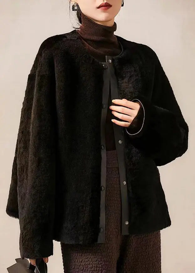 Modern Black O Neck Button Patchwork Wool Coats Winter Ada Fashion