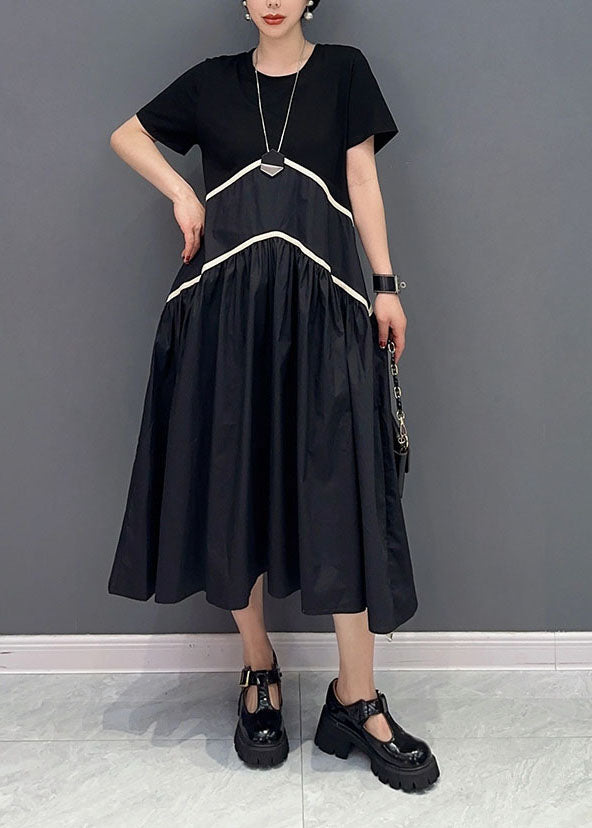 Modern Black O-Neck Patchwork Cotton Long Dress Spring LY0554 - fabuloryshop