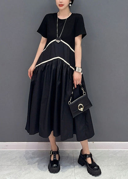 Modern Black O-Neck Patchwork Cotton Long Dress Spring LY0554 - fabuloryshop