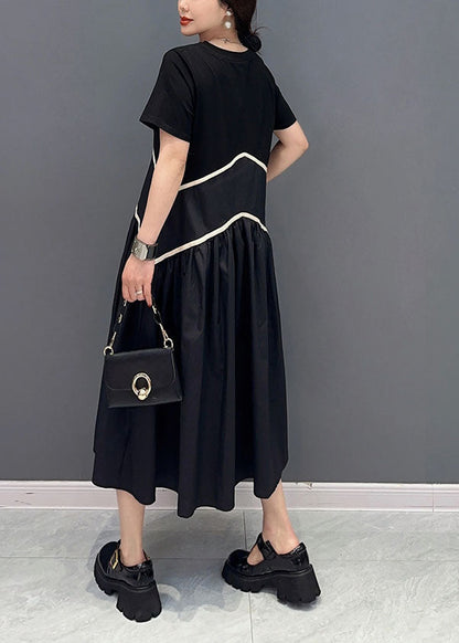 Modern Black O-Neck Patchwork Cotton Long Dress Spring LY0554 - fabuloryshop