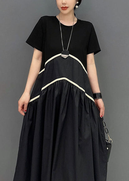 Modern Black O-Neck Patchwork Cotton Long Dress Spring LY0554 - fabuloryshop