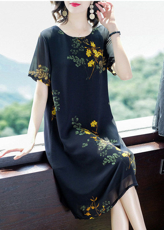 Modern Black O-Neck Print Draping Chiffon Maxi Dresses Summer TH1026 - fabuloryshop