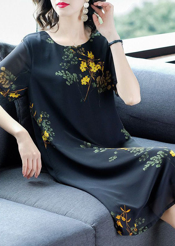 Modern Black O-Neck Print Draping Chiffon Maxi Dresses Summer TH1026 - fabuloryshop