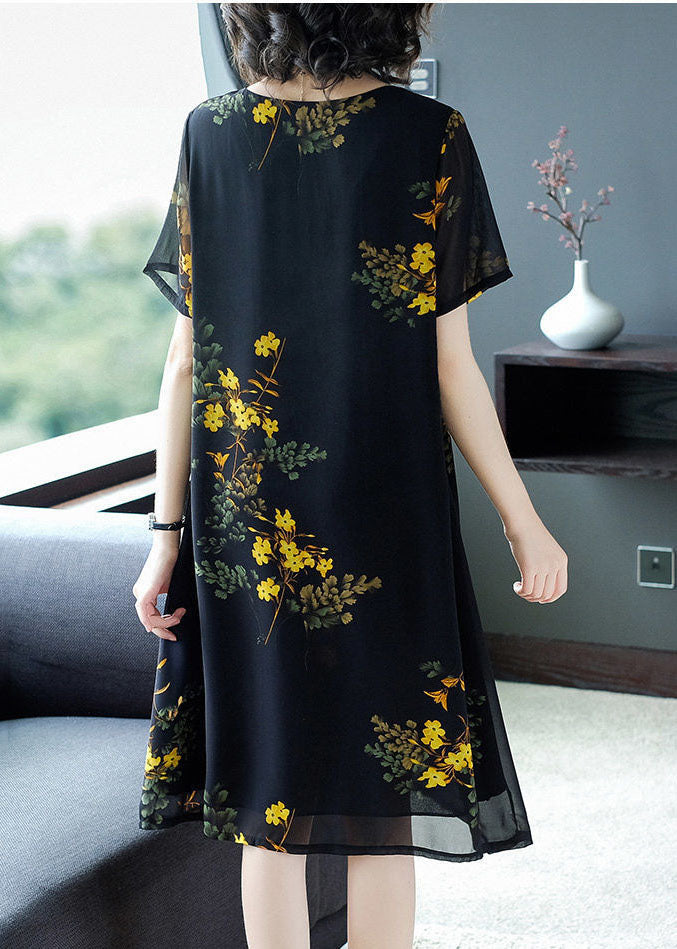 Modern Black O-Neck Print Draping Chiffon Maxi Dresses Summer TH1026 - fabuloryshop