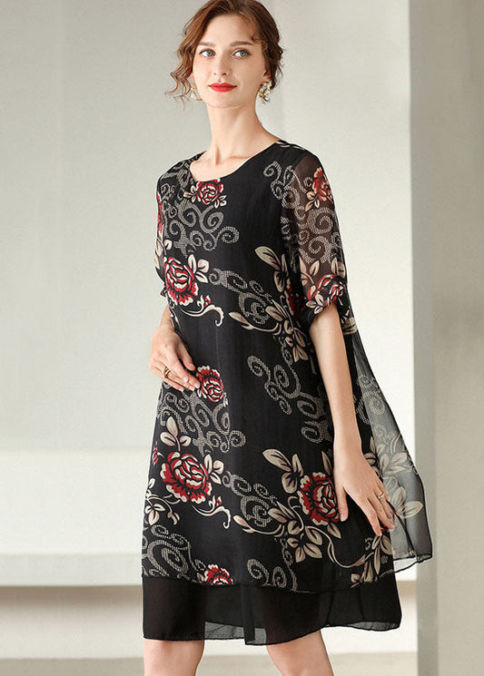 Modern Black O Neck Print Patchwork Silk Dress Summer LY0008 - fabuloryshop