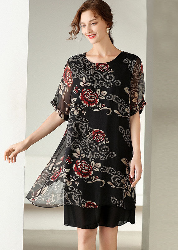 Modern Black O Neck Print Patchwork Silk Dress Summer LY0008 - fabuloryshop