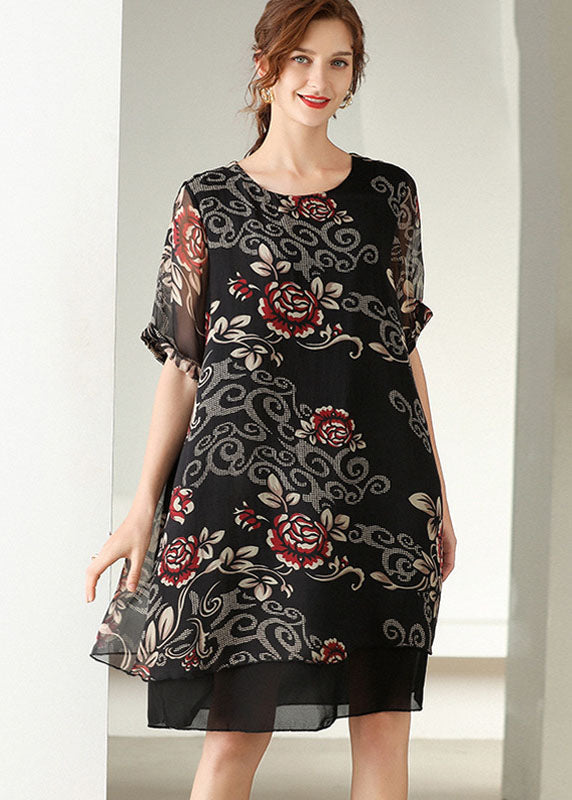 Modern Black O Neck Print Patchwork Silk Dress Summer LY0008 - fabuloryshop