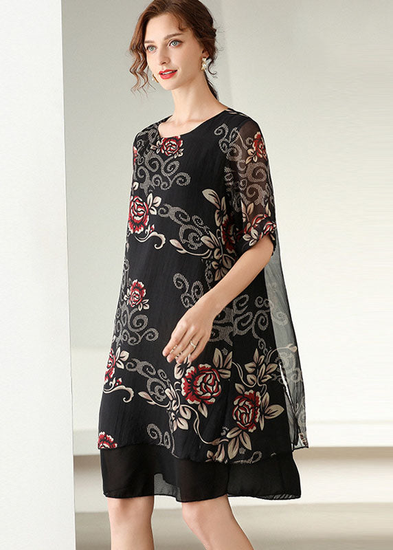 Modern Black O Neck Print Patchwork Silk Dress Summer LY0008 - fabuloryshop