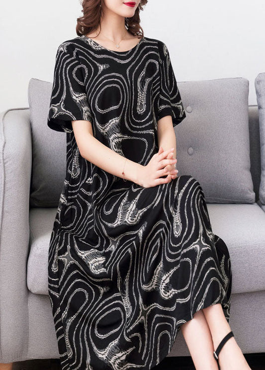 Modern Black O Neck Print Pockets Patchwork Cotton Dress Summer Ada Fashion
