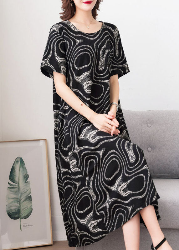 Modern Black O Neck Print Pockets Patchwork Cotton Dress Summer Ada Fashion