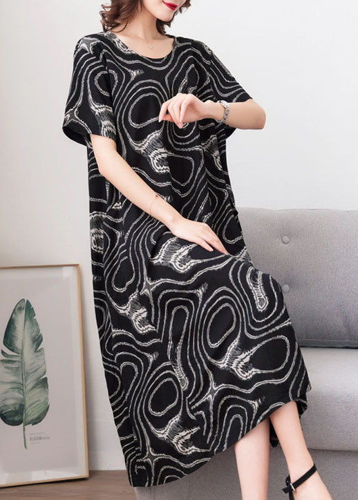 Modern Black O Neck Print Pockets Patchwork Cotton Dress Summer Ada Fashion