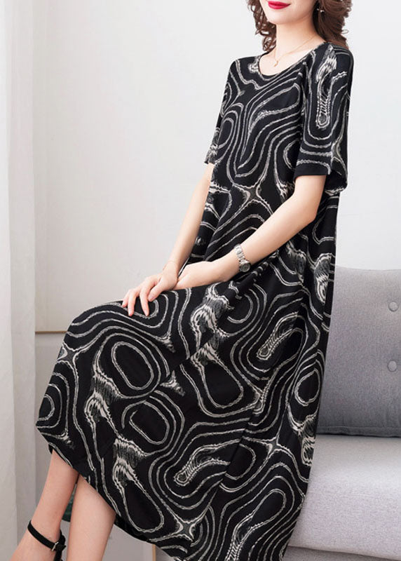 Modern Black O Neck Print Pockets Patchwork Cotton Dress Summer Ada Fashion