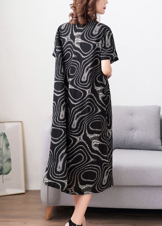 Modern Black O Neck Print Pockets Patchwork Cotton Dress Summer Ada Fashion