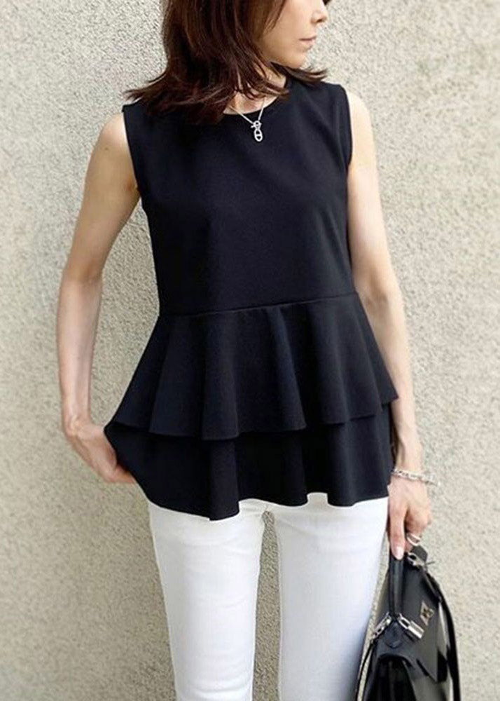 Modern Black O-Neck Ruffled Chiffon T Shirts Summer LY1972 - fabuloryshop