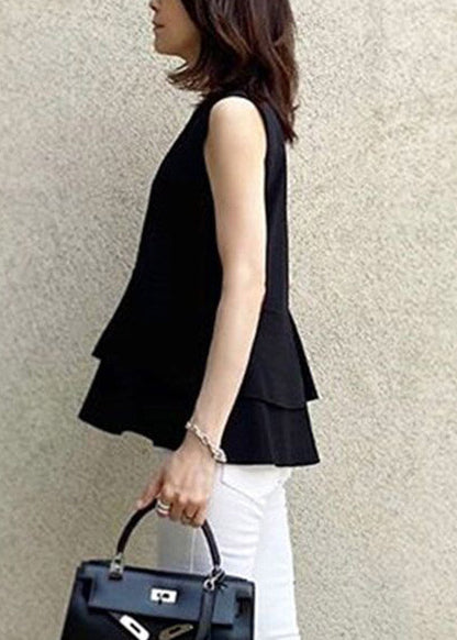 Modern Black O-Neck Ruffled Chiffon T Shirts Summer LY1972 - fabuloryshop