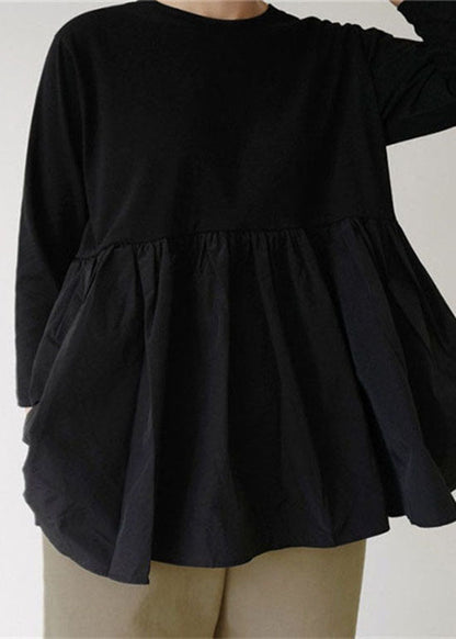 Modern Black O-Neck Ruffled Patchwork Cotton T Shirt Top Spring LY1981 - fabuloryshop