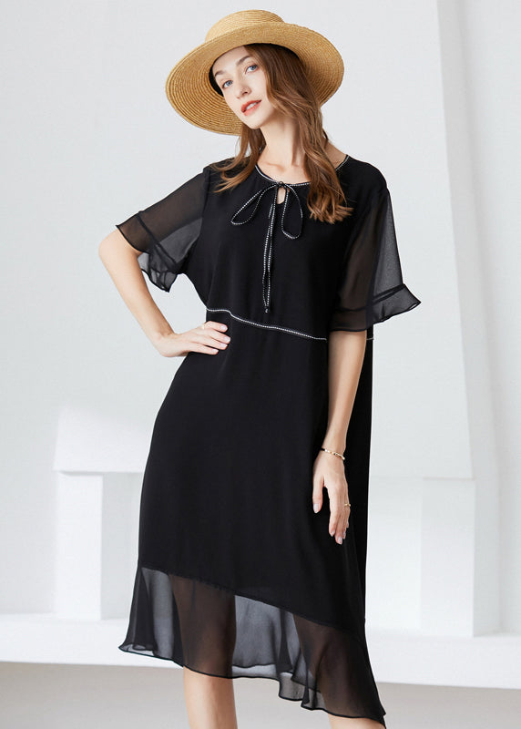 Modern Black O-Neck Ruffles Lace Up Chiffon Long Dress Summer LY0293 - fabuloryshop