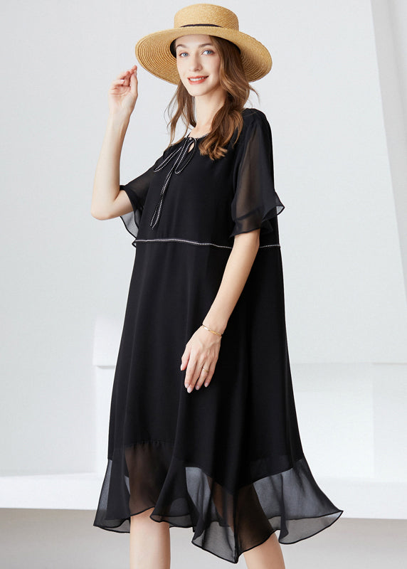 Modern Black O-Neck Ruffles Lace Up Chiffon Long Dress Summer LY0293 - fabuloryshop