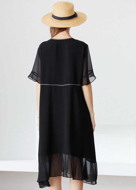 Modern Black O-Neck Ruffles Lace Up Chiffon Long Dress Summer LY0293 - fabuloryshop