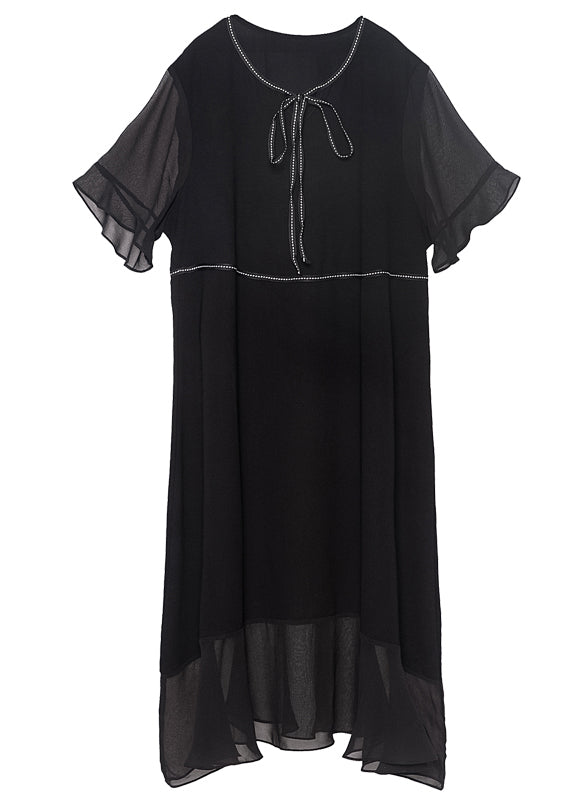 Modern Black O-Neck Ruffles Lace Up Chiffon Long Dress Summer LY0293 - fabuloryshop