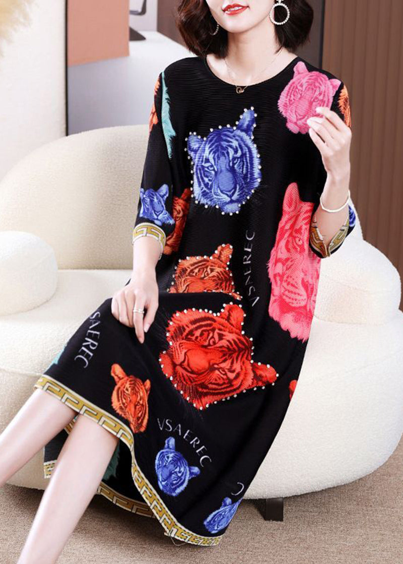 Modern Black O-Neck Tiger Print Wrinkled Long Dress Summer LY2769 - fabuloryshop