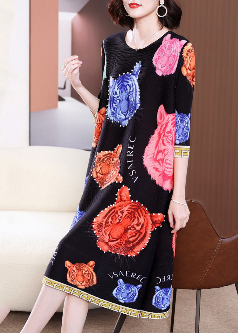 Modern Black O-Neck Tiger Print Wrinkled Long Dress Summer LY2769