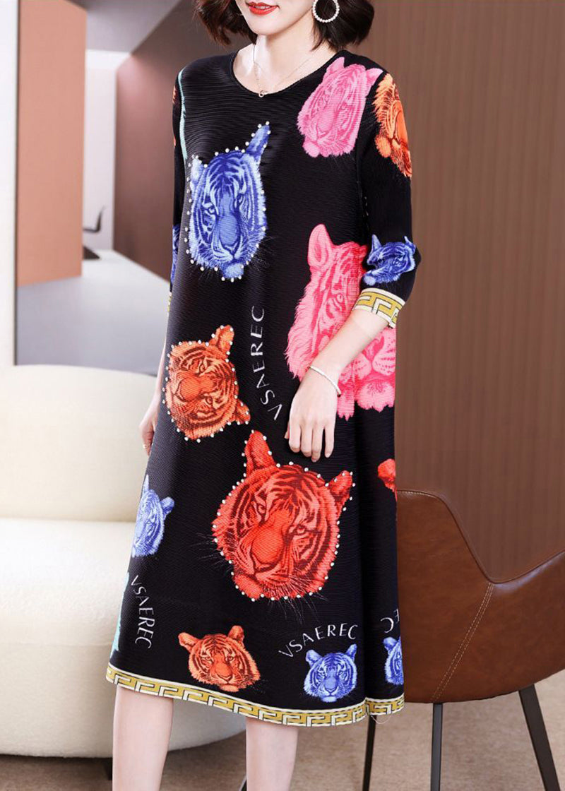 Modern Black O-Neck Tiger Print Wrinkled Long Dress Summer LY2769 - fabuloryshop