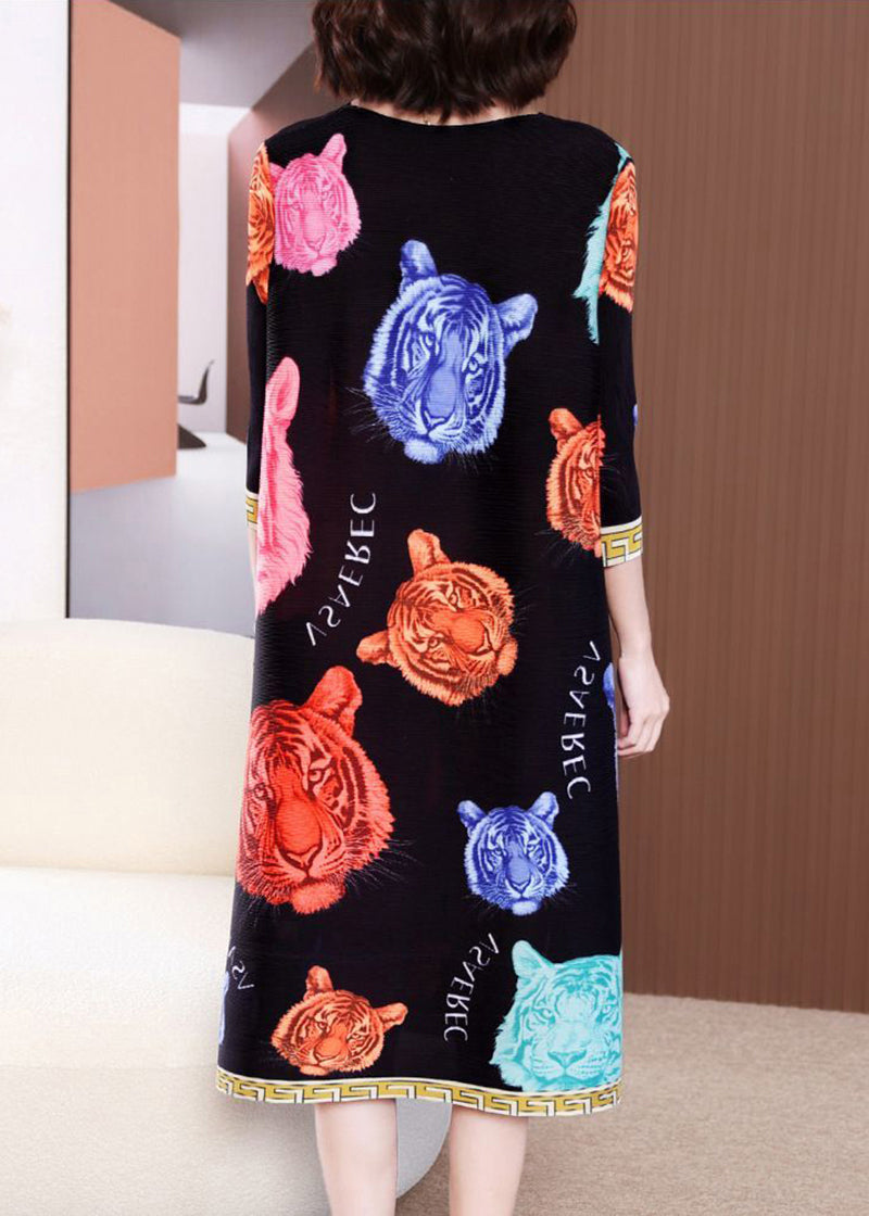 Modern Black O-Neck Tiger Print Wrinkled Long Dress Summer LY2769 - fabuloryshop