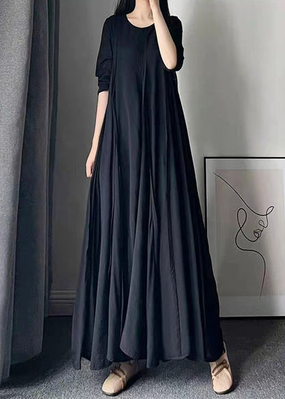 Modern Black O Neck Wrinkled Patchwork Cotton Maxi Dresses Fall Ada Fashion