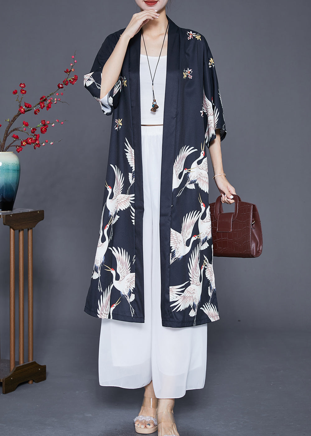 Modern Black Oversized Crane Print Linen Long Cardigans Half Sleeve Ada Fashion