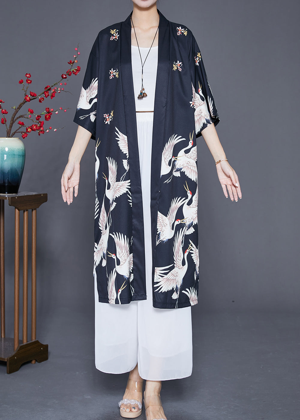 Modern Black Oversized Crane Print Linen Long Cardigans Half Sleeve Ada Fashion