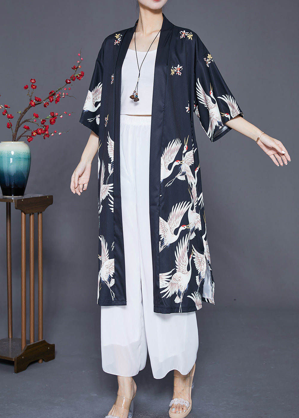 Modern Black Oversized Crane Print Linen Long Cardigans Half Sleeve Ada Fashion