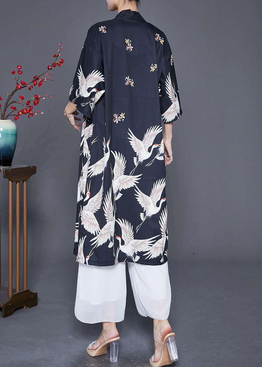 Modern Black Oversized Crane Print Linen Long Cardigans Half Sleeve Ada Fashion