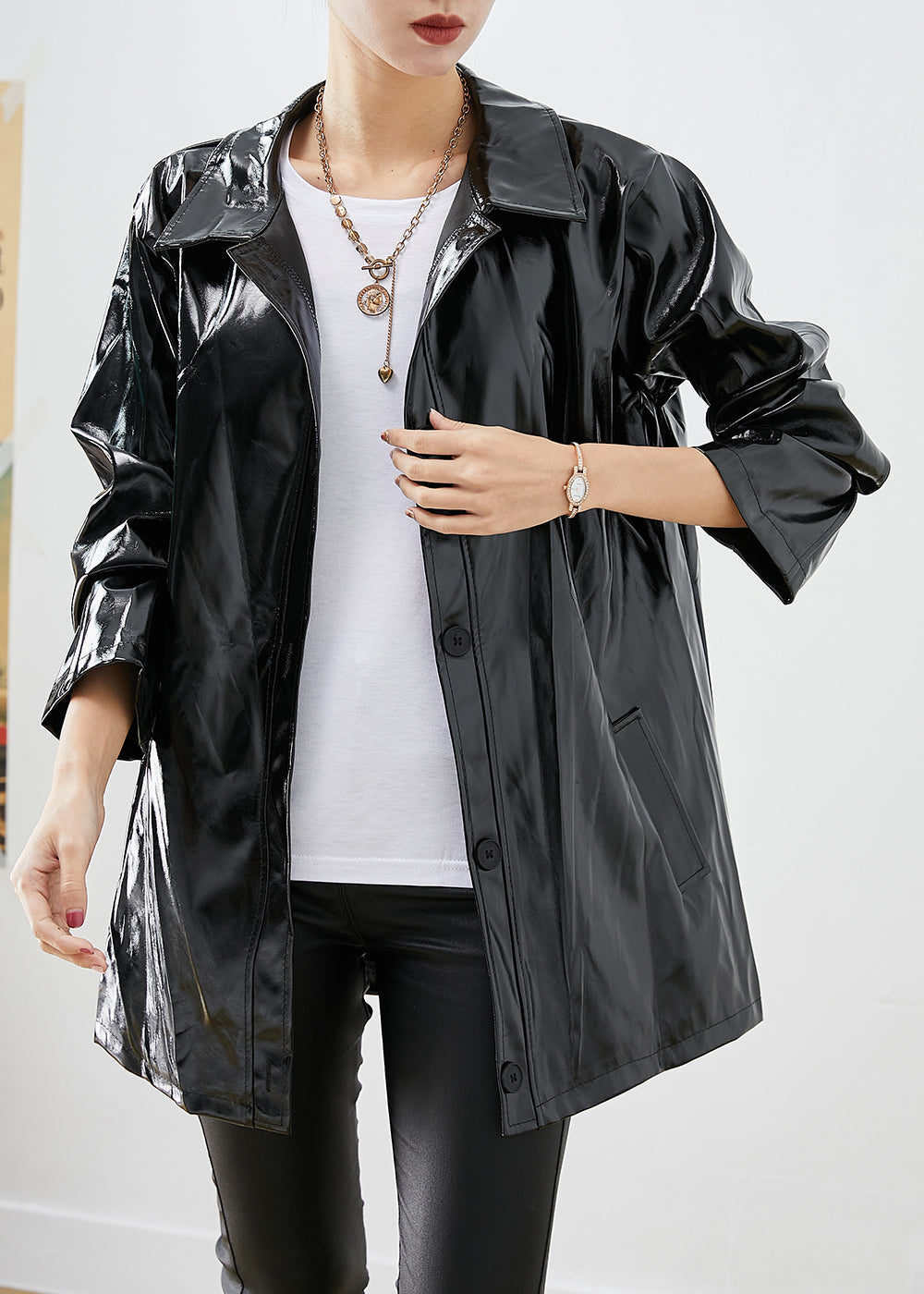 Modern Black Oversized Letter Print Faux Leather Coats Fall Ada Fashion