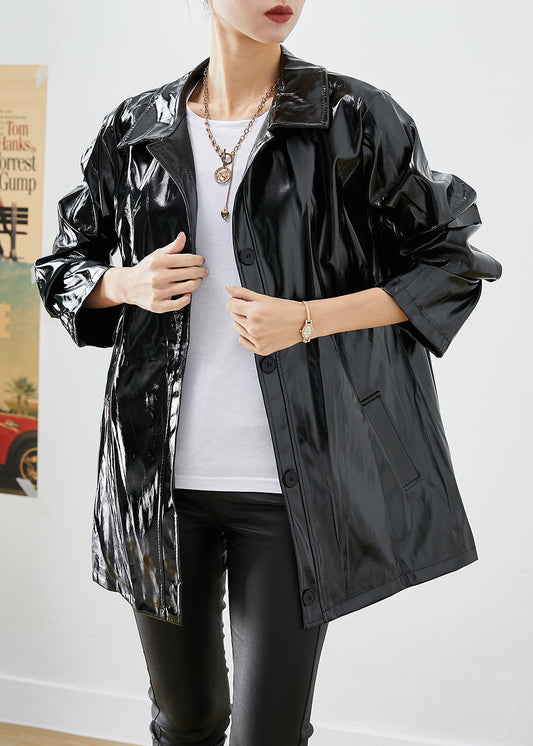 Modern Black Oversized Letter Print Faux Leather Coats Fall Ada Fashion