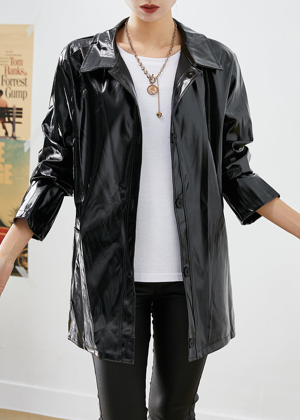 Modern Black Oversized Letter Print Faux Leather Coats Fall Ada Fashion